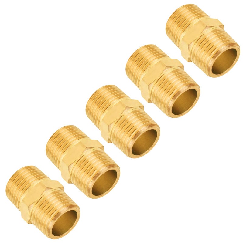 SUNGATOR 5-Pack 1/2 Inch Hex Nipples, 1/2'' NPT Male Ã— Male Brass Pipe Fitting Adapters, 1/2'' Brass Hex Nipple Pipe Extension Fittings - Image 1